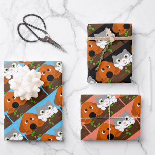 Hoja De Papel De Regalo Perro y gato en la rama