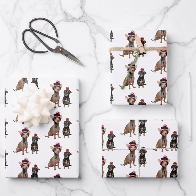 Hoja De Papel De Regalo Perros Chihuahua en gorras (Anverso)