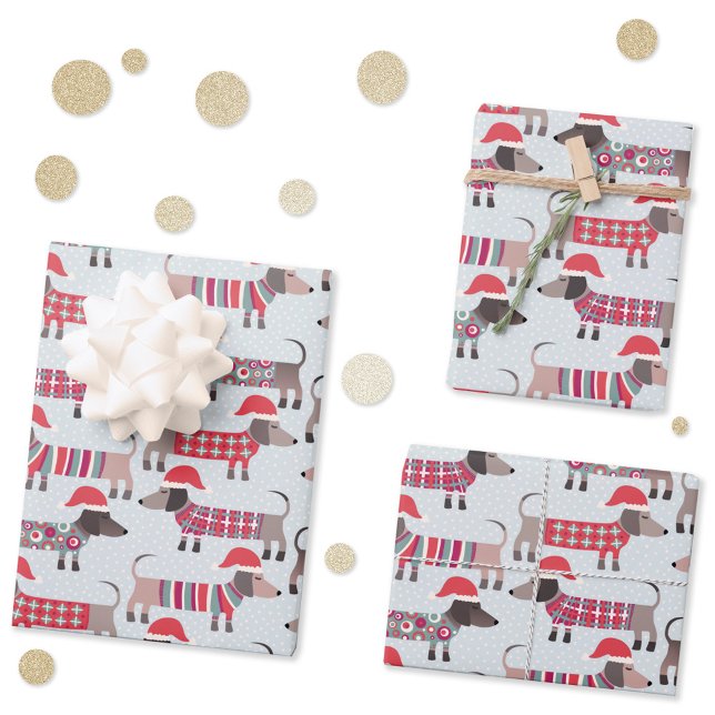 Hoja De Papel De Regalo Perros Dachshund Sausage en Navidades Gorras y Kné (Fun Christmas Dachshund Wiener Sausage dog pattern holiday gift wrapping paper sheets)