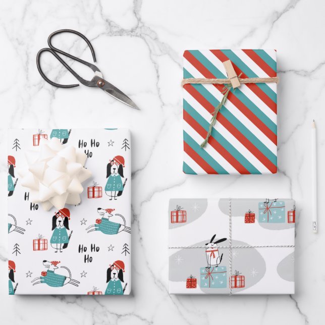 Hoja De Papel De Regalo Perros de dibujos animados caprichosos navidades (Anverso)