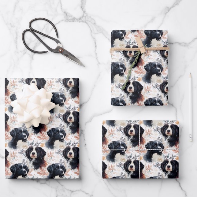 Hoja De Papel De Regalo Perros negros y flores blancas (Anverso)