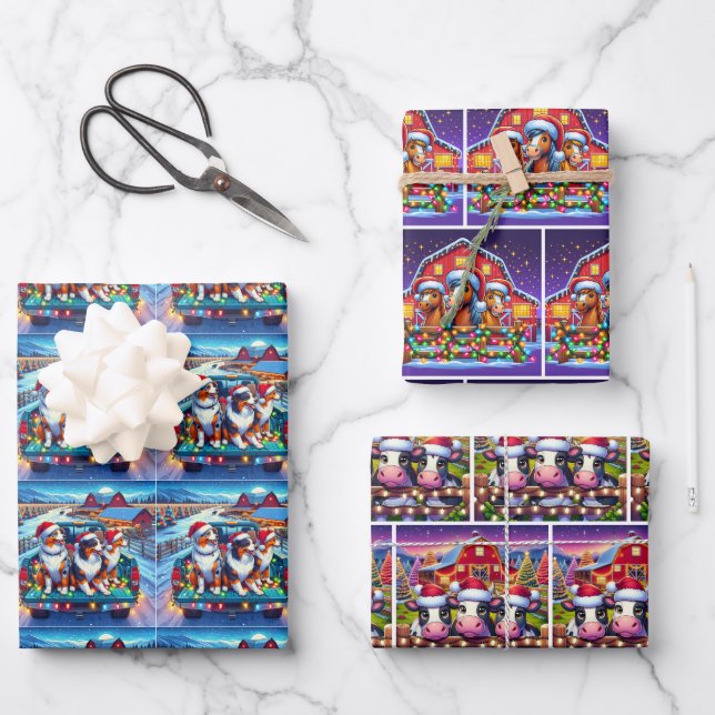 Hoja De Papel De Regalo Perros vacacionales Navidades de caballos y vacas (Anverso)