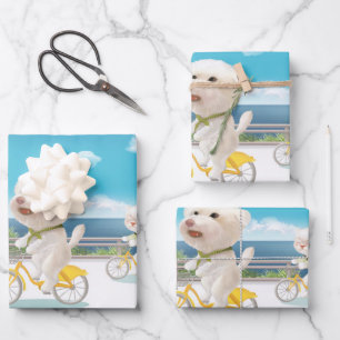 Hoja De Papel De Regalo Perros y gatos en bicicleta junto al mar