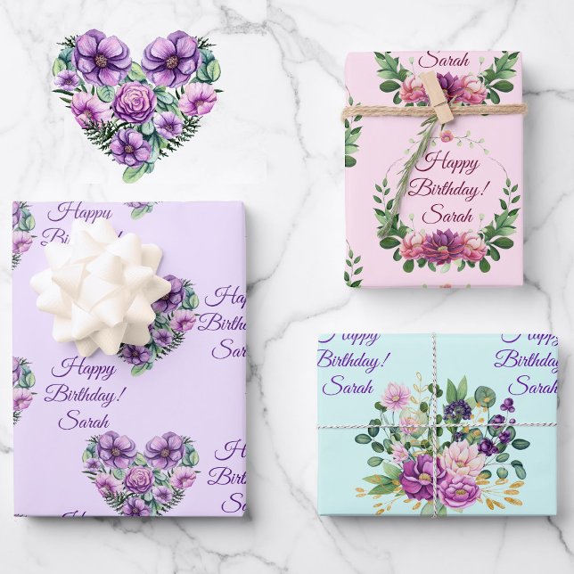 Hoja De Papel De Regalo Personalización Nombre Flores de cumpleaños Lavand (Subido por el creador)