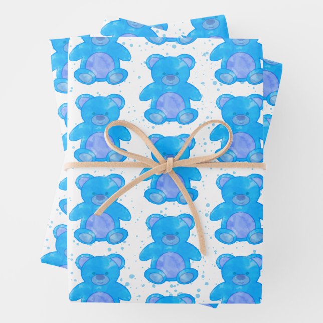 Hoja De Papel De Regalo Personalizado azul del oso de peluche (In situ)