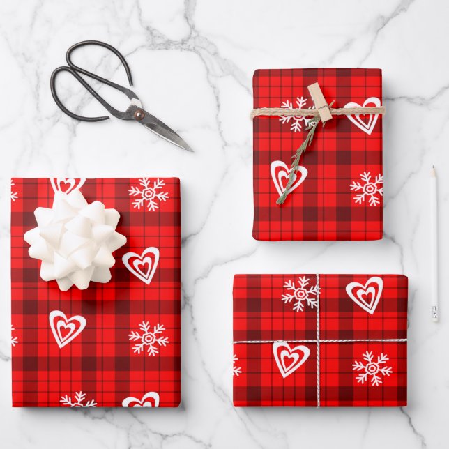Hoja De Papel De Regalo Personalizado Buffalo Love Hearts Snowflakes Festi (Anverso)