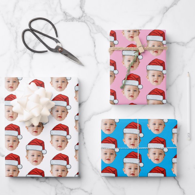 Hoja De Papel De Regalo Personalizado Cabeza de Bebé Foto Santa Hat Navida (Anverso)