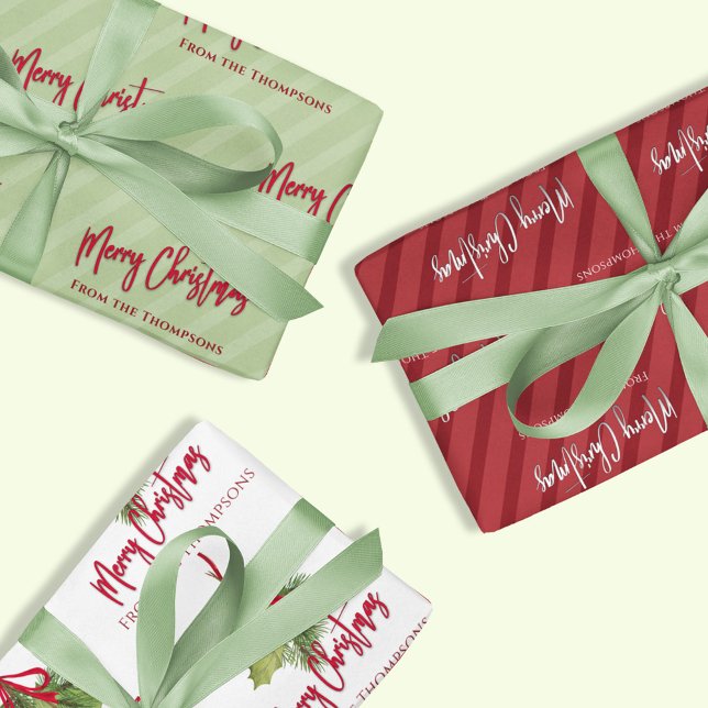 Hoja De Papel De Regalo Personalizado de Navidad Verde Rojo Feliz (Merry Christmas holiday watercolor greenery and striped wrapping paper set.)