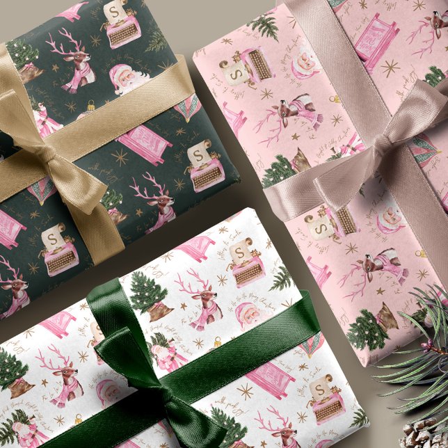 Hoja De Papel De Regalo Personalizado de Navidades rosados Santa Retro (Vintage Santa Retro Pink Christmas Custom Monogram Wrapping Paper Sheets)