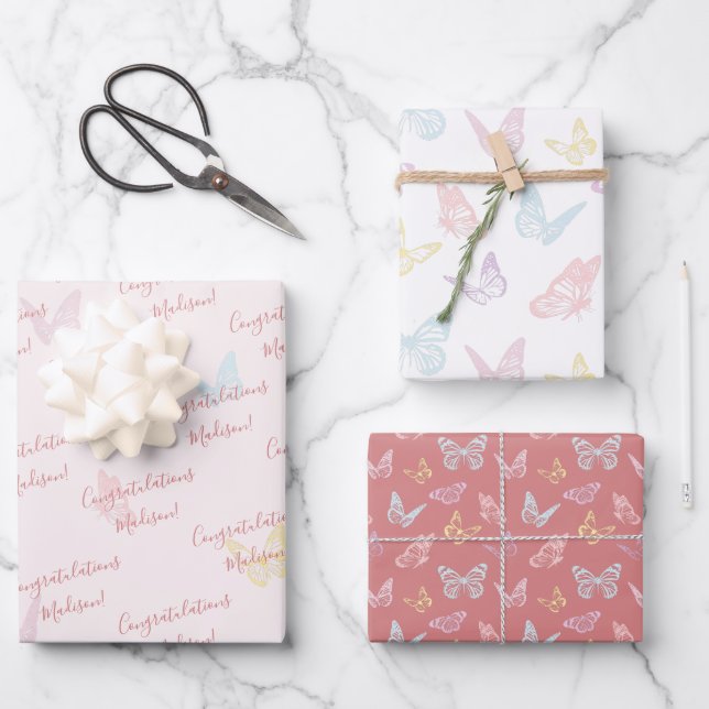 Hoja De Papel De Regalo Personalizado de patrón de mariposa rosa cúpula Ba (Anverso)