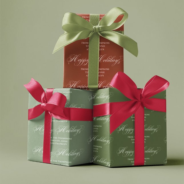 Hoja De Papel De Regalo Personalizado de vacaciones felices rojas y verdes (Happy Holidays red and green custom wrapping paper. )