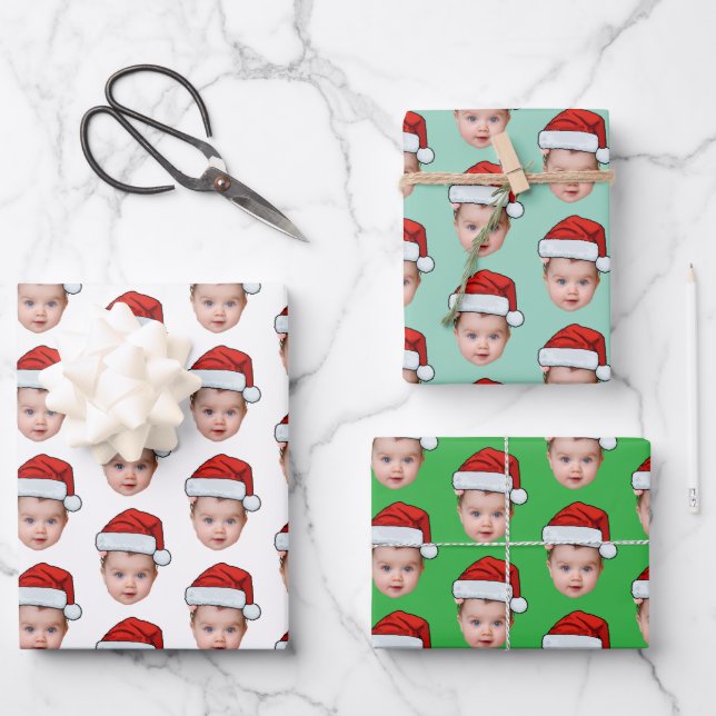 Hoja De Papel De Regalo Personalizado divertida Baby Face Photo Santa Head (Anverso)
