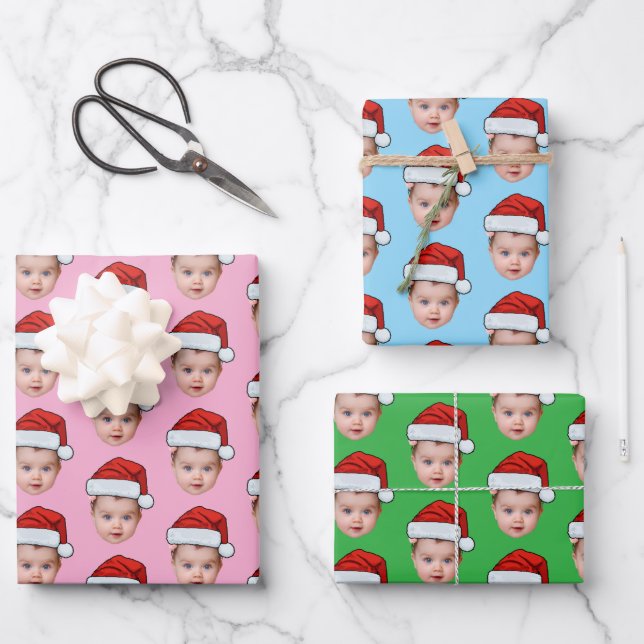 Hoja De Papel De Regalo Personalizado divertida bebé foto foto Santa Head  (Anverso)