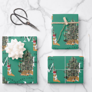 Hoja De Papel De Regalo Personalizado Feliz Navidad Monograma Tigre y verd