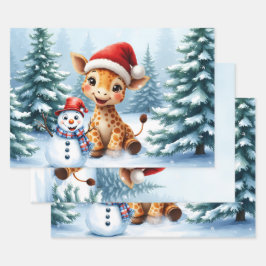 Hoja De Papel De Regalo Personalizado lindo Giraffe con Santa Hat y Snowma