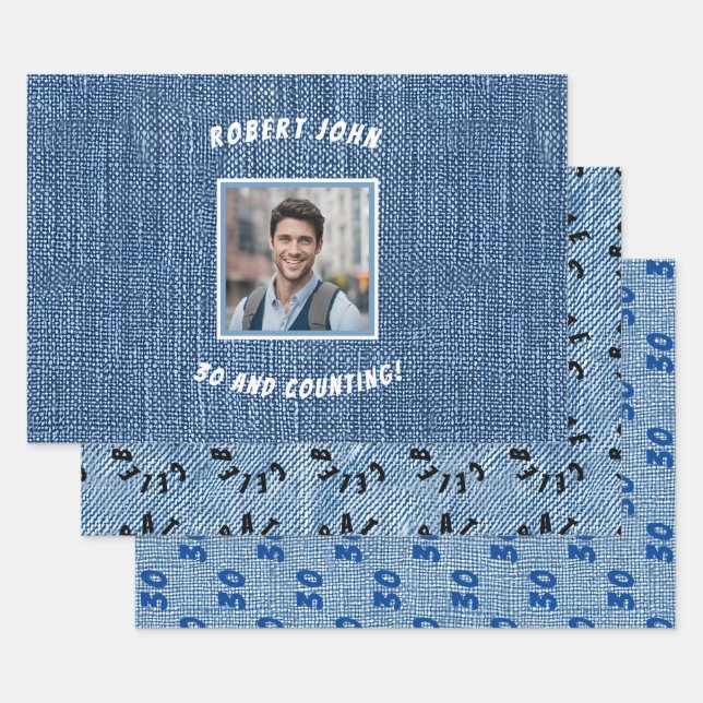 Hoja De Papel De Regalo Personalizado Milestone Golden Birthday Denim (Set)