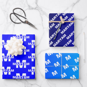Hoja De Papel De Regalo Personalizado moderno Monograma Nombre azul presen