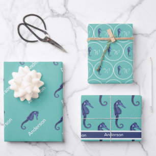 Hoja De Papel De Regalo Personalizado Nautical Seahorse verde azulado Mono