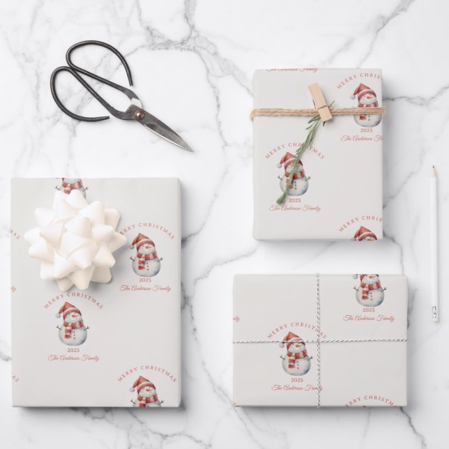 Hoja De Papel De Regalo Personalizado Navidades de acuarela de Snowman vív (Anverso)