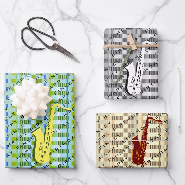 Hoja De Papel De Regalo Personalizado Saxofón Moderno Nombre de Sax Cumple (Anverso)