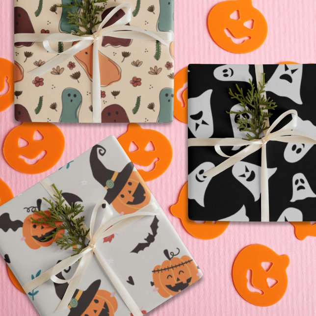 Hoja De Papel De Regalo Personalizado Spooky fantasmas y calabazas retro (Cartoon Spooky ghost and retro pumpkins Wrapping Paper Sheets)