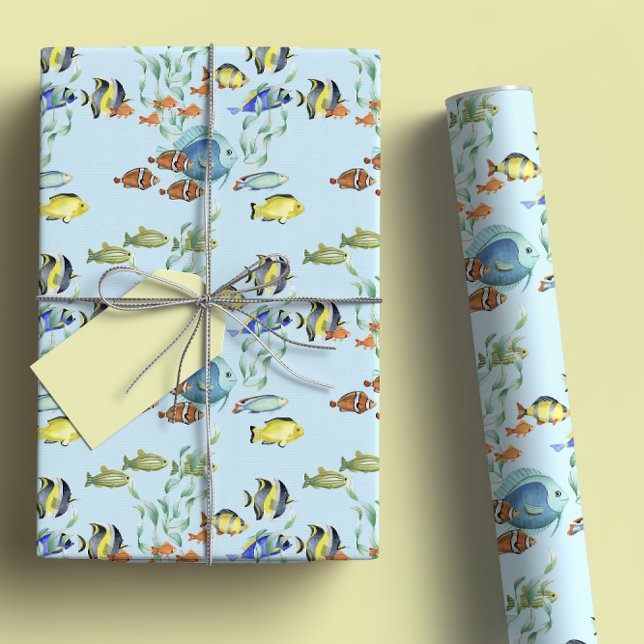 Hoja De Papel De Regalo Personalizados de peces tropicales, acuarela azul (Subido por el creador)