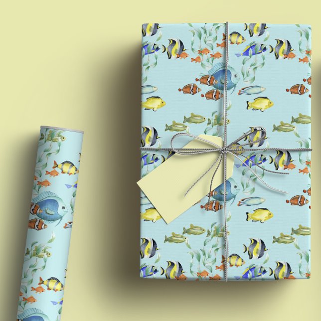 Hoja De Papel De Regalo Personalizados de peces tropicales, acuarela azul (Subido por el creador)