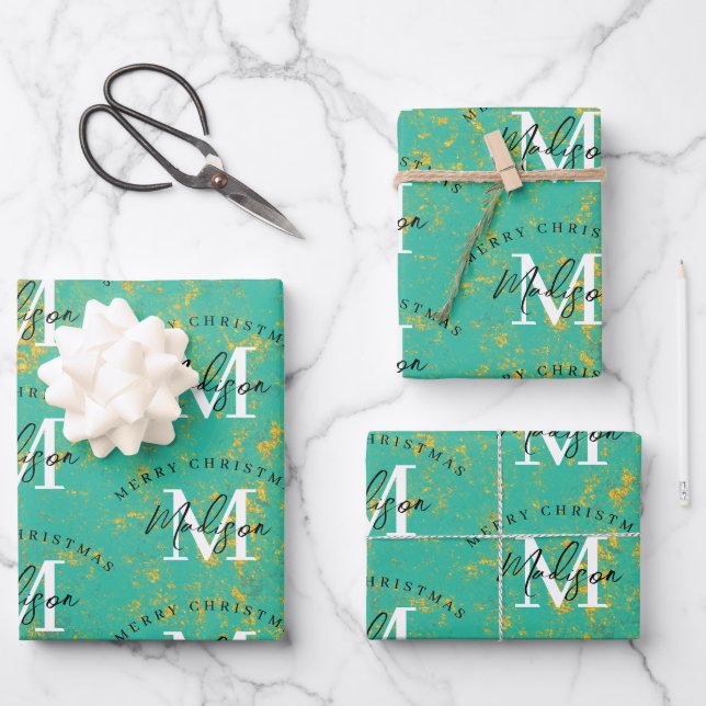 Hoja De Papel De Regalo Personalized Merry Christmas Copper Monogram  (Anverso)