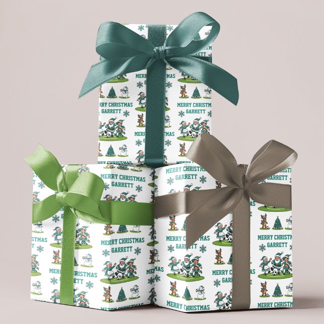 Hoja De Papel De Regalo Personalized Santa Soccer Wrapping Paper Sheets (Celebrate the little soccer player in your life with this adorable Santa Soccer wrapping paper! )