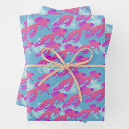 Hoja De Papel De Regalo Pescado azul caliente rosa y Naranja volando beta