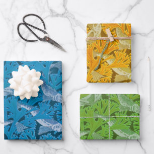 Hoja De Papel De Regalo Pescado Natación Algas Algas Coral Azul Vintage Cl