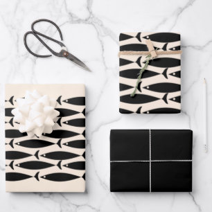 Hoja De Papel De Regalo Pescado retro moderno del siglo medio negro y crem