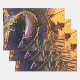 Hoja De Papel De Regalo Pescador de trucha de rollo vintage, pesca deporti