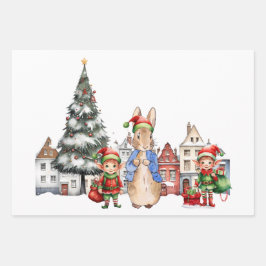 Hoja De Papel De Regalo Peter el conejo con los elfos Navidades