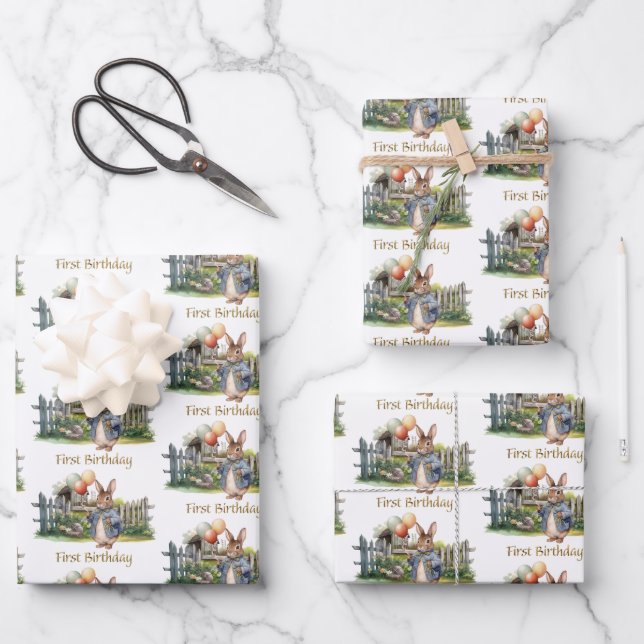 Hoja De Papel De Regalo Peter, globos de conejo, primer cumpleaños (Anverso)