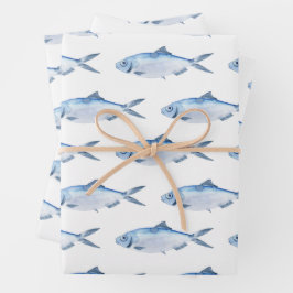 Hoja De Papel De Regalo Pez Azul Acuarela Costero
