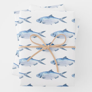 Hoja De Papel De Regalo Pez Azul Acuarela Costero