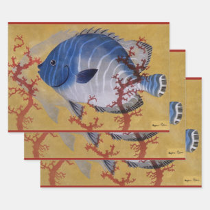 Hoja De Papel De Regalo Pez Azul Tropical Vintage Coral Marino Vida Oceáni