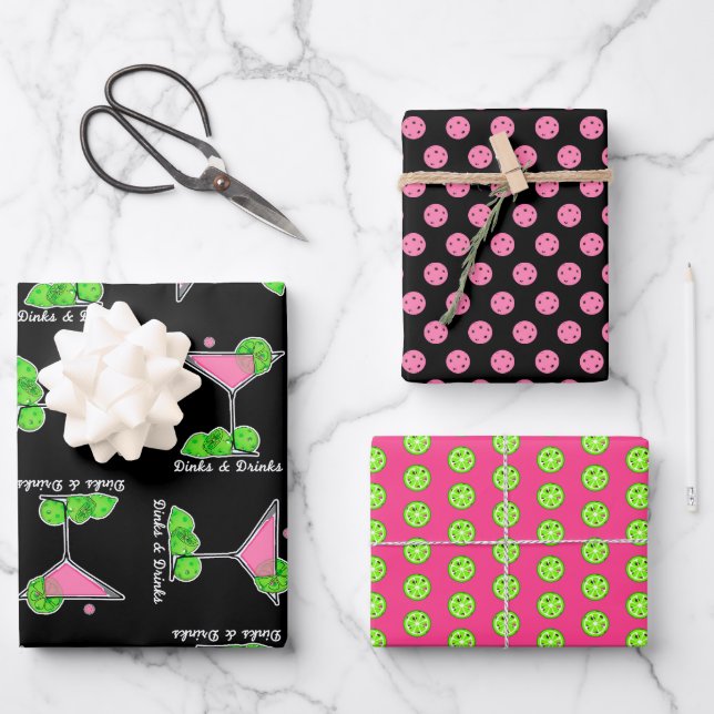 Hoja De Papel De Regalo  Pickleball Pink Green Dinks & Drinks Cocktails (Anverso)