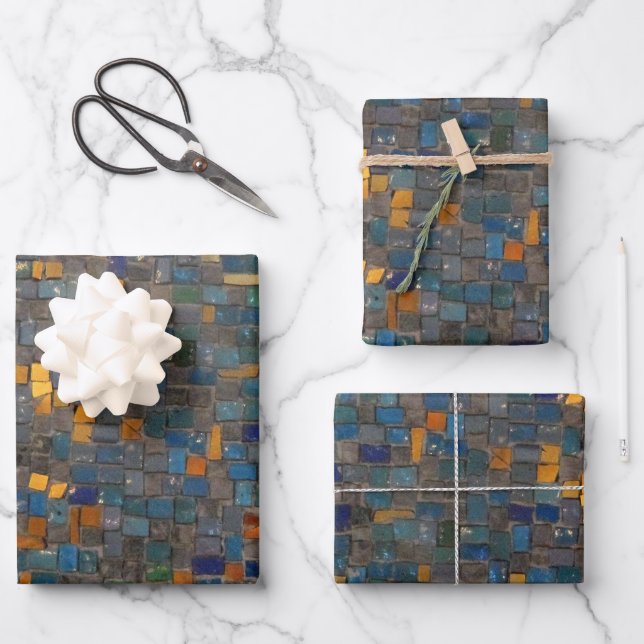 Hoja De Papel De Regalo Piedras de mosaico en azul y oro (Anverso)