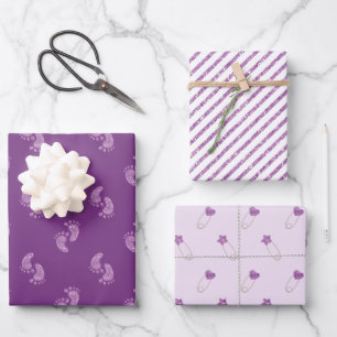 Hoja De Papel De Regalo Pies de bebé morado Purpurina Baby Shower