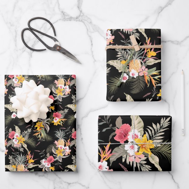 Hoja De Papel De Regalo Piña Flores Tropicales Negras  (Anverso)
