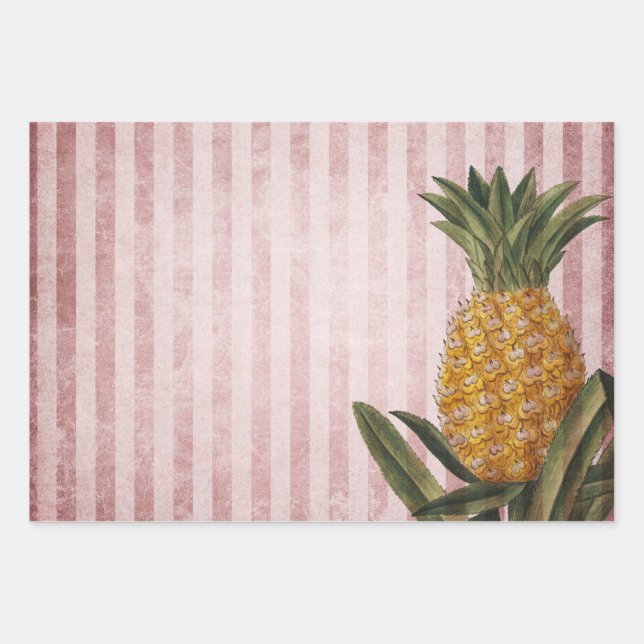 Hoja De Papel De Regalo Piña y rayas rosas antiguas (Anverso)