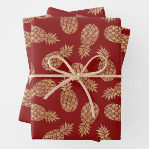 Hoja De Papel De Regalo Piñas de oro en rojo profundo