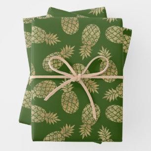 Hoja De Papel De Regalo Piñas de oro en verde