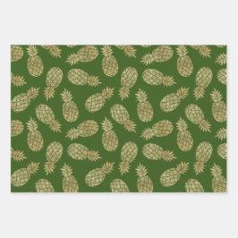 Hoja De Papel De Regalo Piñas de oro en verde