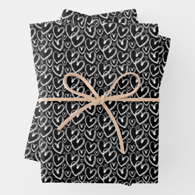 Hoja De Papel De Regalo Pincel moderno Corazón Patrón negro blanco (In situ)