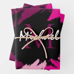 Hoja De Papel De Regalo Pinceladas tonos de rosa intenso nombre con monogr