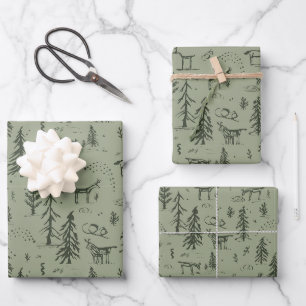 Hoja De Papel De Regalo Pine Deer Lake Life - patrón de bosque de madera v