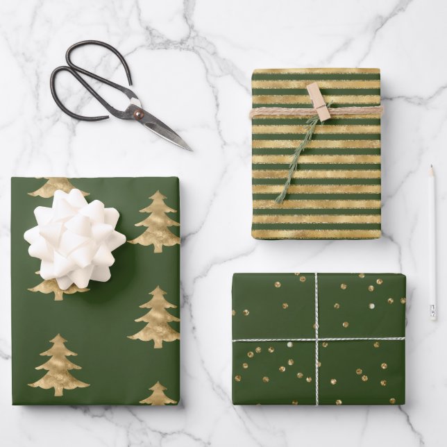 Hoja De Papel De Regalo Pine Gold Christmas Tree Stripes Sparkle (Anverso)